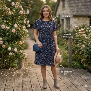 Downeast Navy Floral Flutter Sleeve Babydoll modest Mini Dress Womens Medium USA